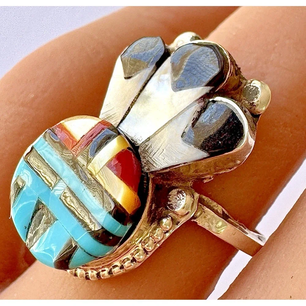 Zuni Sunface Turquoise Ring Sz 7 Headdress Native American Sterling Handmade